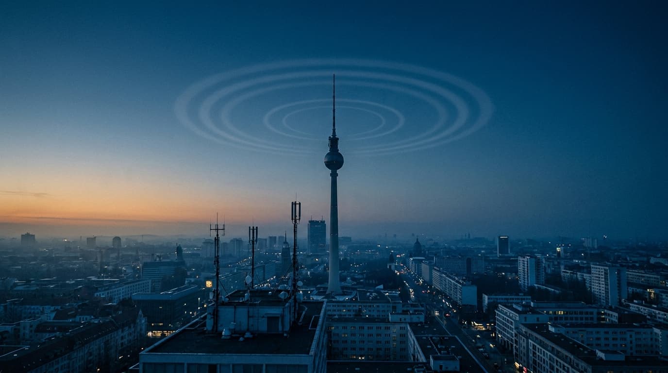Berliner Skyline zur blauen Stunde mit Funksignal über dem Fernsehturm